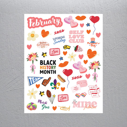 February Stickers - Assorted Monthly Themed Stickers (2 Sheets)
