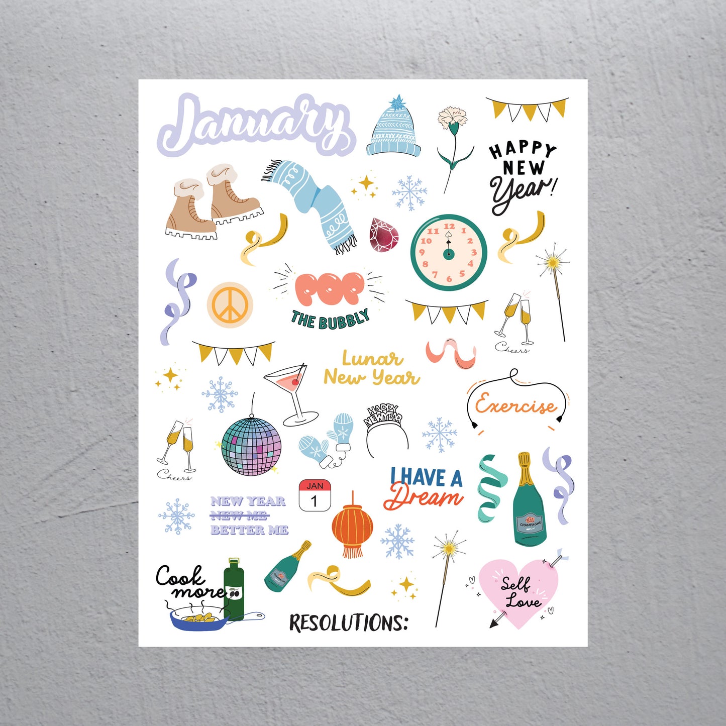 January Stickers - Assorted Monthly Themed Stickers (2 Sheets)