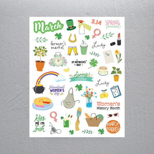 March Stickers - Assorted Monthly Themed Stickers (2 Sheets)