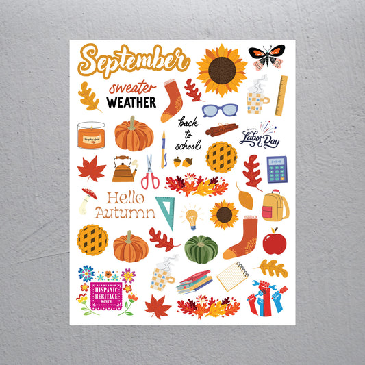 September Stickers - Assorted Monthly Themed Stickers (2 Sheets)